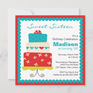 Sweet sixteen Turquoise & Red Cake Invitation d'an