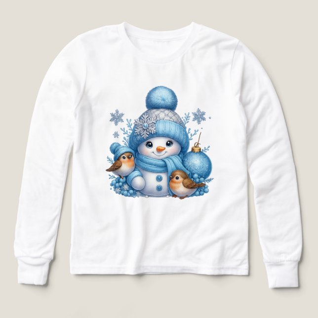 Sweet Snowman & Little Birds Holiday Shirt (Motif recto)
