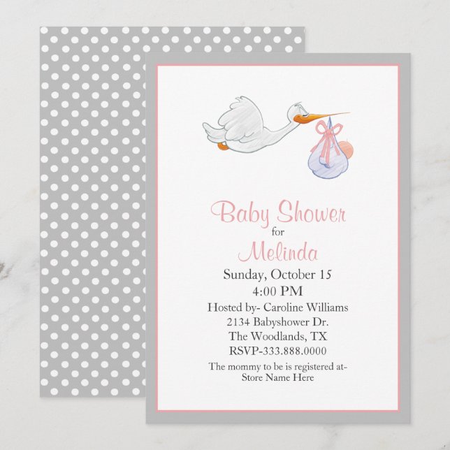 Sweet Stork avec Baby shower bébé Invitation (Devant / Derrière)