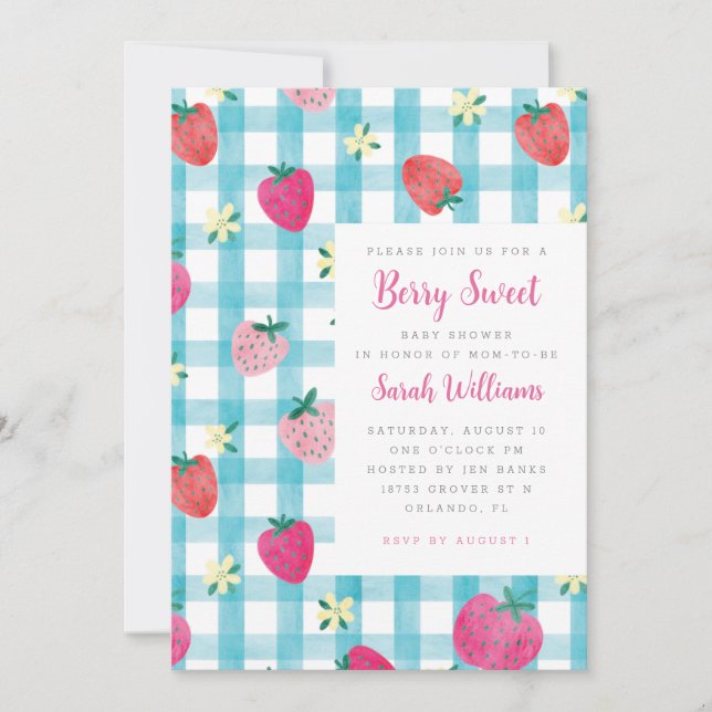 Sweet Strawberry En vichy Baby shower Invitation (Devant)