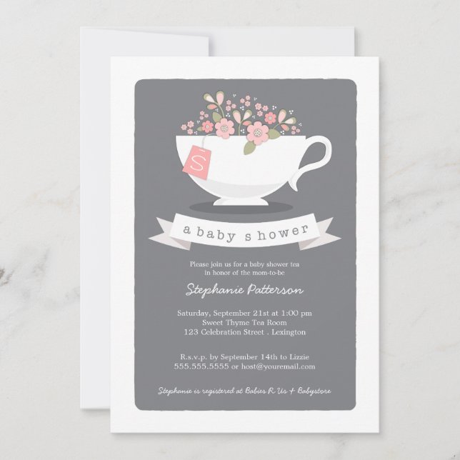 Sweet Teacup & Pink Floral Baby shower Invitation (Devant)