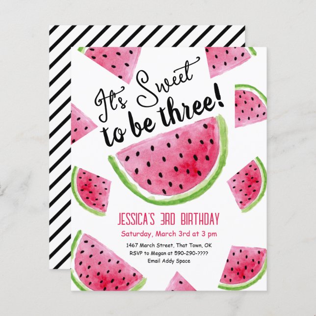 Sweet to Be Three Melon Anniversaire Invitation (Devant / Derrière)