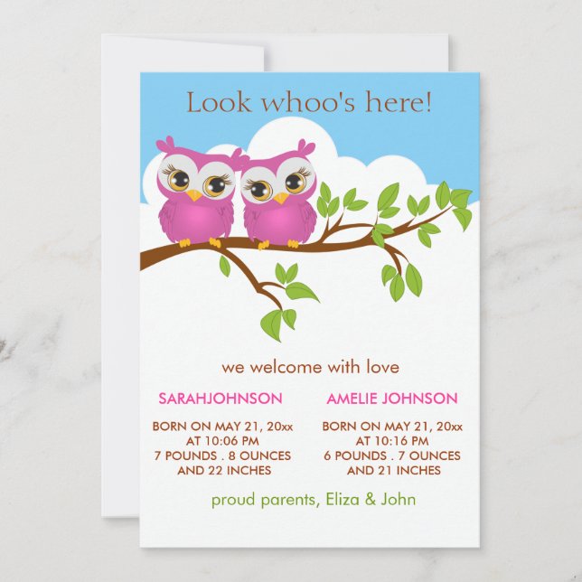 Sweet Twins Owls Baby Girl Carte Faire-part de nai (Devant)
