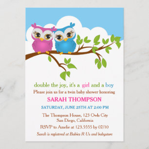 Sweet Twins Owls Boy Girl Invitation Baby shower