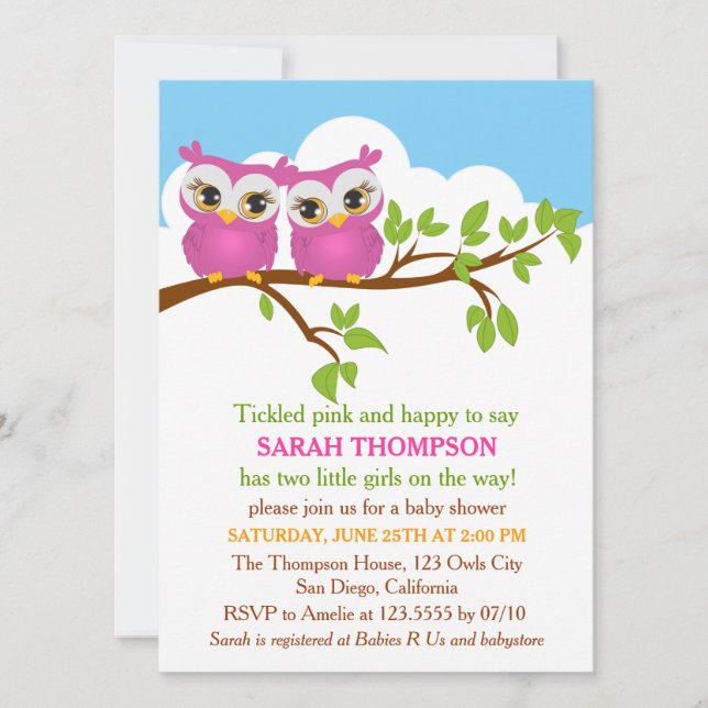 Sweet Twins Owls Girl Baby shower Invitation (Devant)