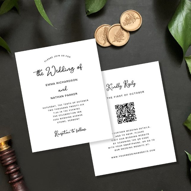 Sweet Whimsical | Mariage budgétaire RSVP du code  (An elegant, black and white budget wedding invitation with scannable QR code to rsvp)