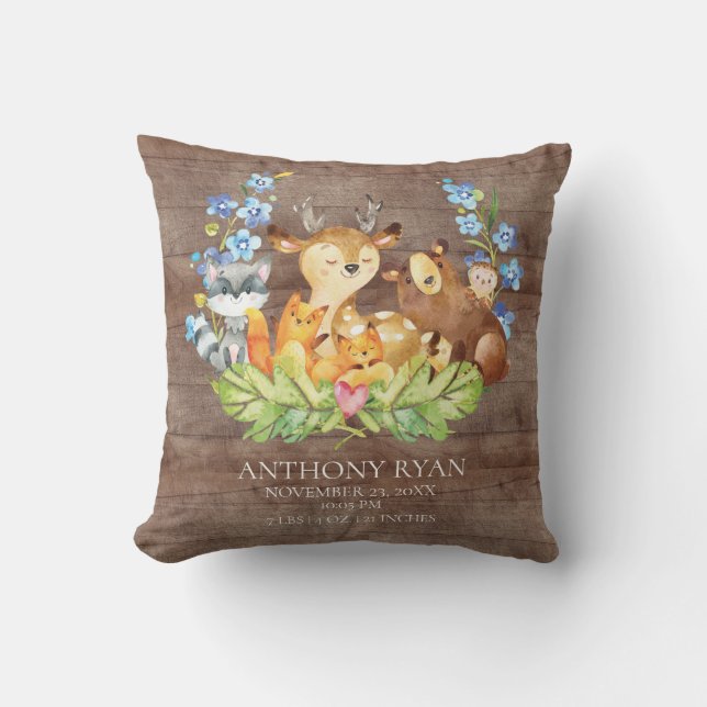 Sweet Woodland Animals Baby Birth Stats Coussin (Recto)