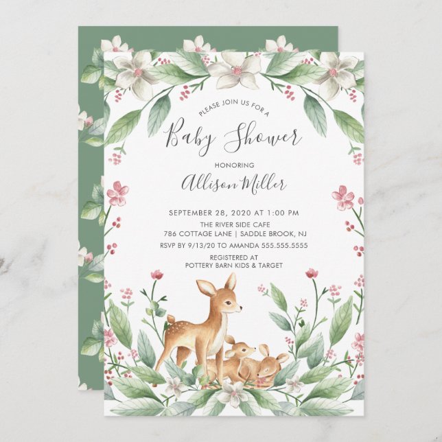 Sweet Woodland Deer Twins Baby shower Invitation (Devant / Derrière)