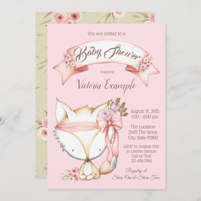 Sweet Woodland Fox Baby Shower Invitations (Devant / Derrière)