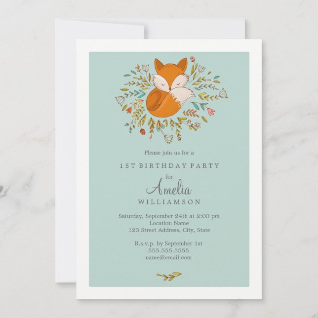 Sweet Woodland Fox première invitation d'anniversa (Devant)