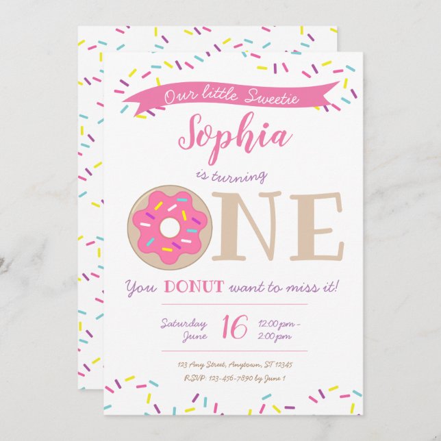 Sweetie Donut Doughnut 1er Invitation anniversaire (Devant / Derrière)
