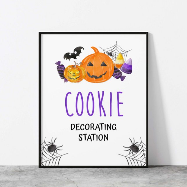 Symbole de la fête de la station de décoration Coo (Cookie Decorating Station Halloween Party Sign, Spooky Purple & Orange)