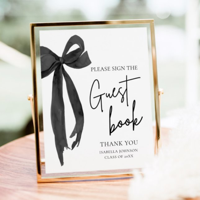 Symbole du livre d'or de la fête de graduation de  (Modern Coquette Black Bow Graduation Party Graduate High School Guest Book Sign)