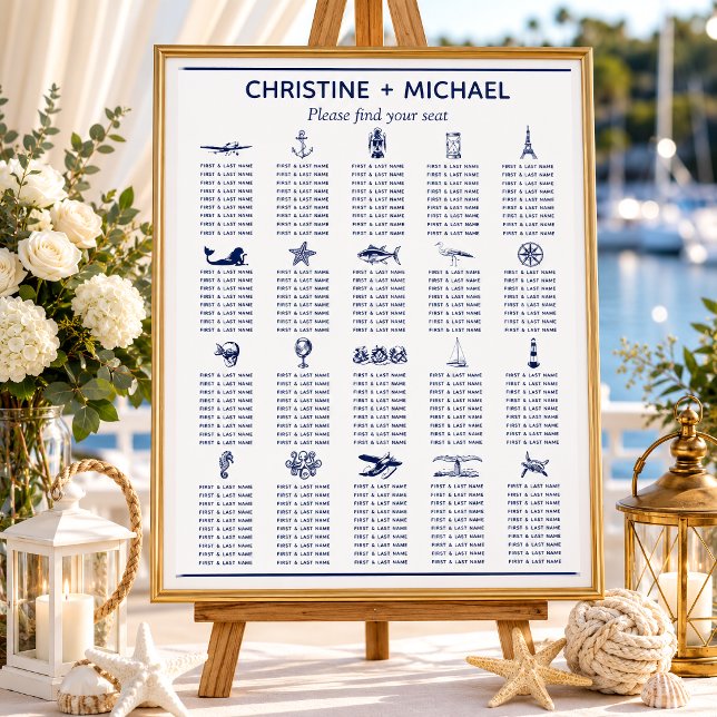 Symboles de tableau nautique Plan de table de mari (This seating chart in a nautical theme has symbols that represent the guest tables.
)