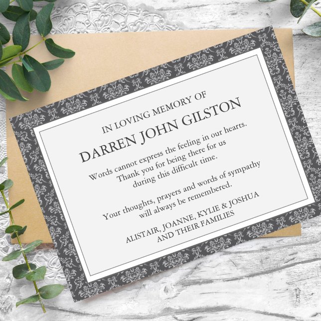 Sympathie Damask Silver Funeral Merci Cartes (Silver Damask Memorial Sympathy Funeral Thank You Card)