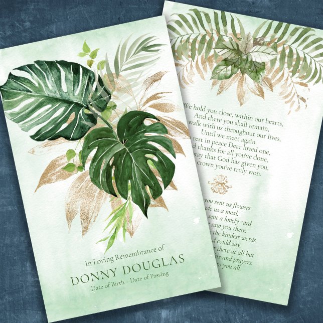 Sympathie élégante Carte de prière funéraire verte (Tropical Palms with faux gold leaves sympathy memorial prayer cards for a funeral)