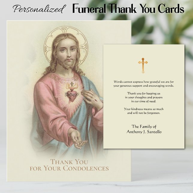 Sympathie funéraire catholique Carte Sainte Merci (Personaiized Catholic Sacred Heart of Jesus Funeral Memorial Thank You Cards)