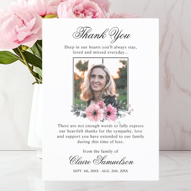 Sympathie funéraire Merci rose Floral | PHOTO (Thank You Funeral Sympathy Pink Flowers | PHOTO)