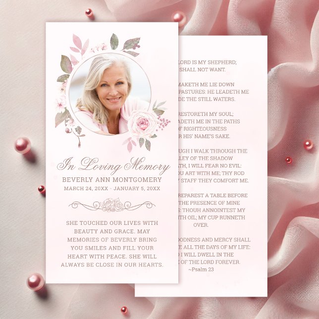 Sympathie Rose rose Floral Photo Prière funéraire (Elegant Pink Roses Floral Photo Funeral Prayer Card )