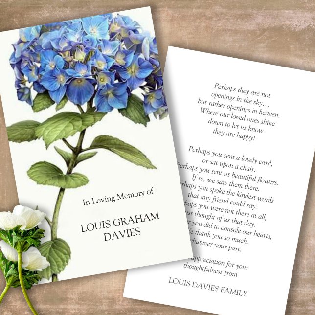 Sympathy Funeral Blue Hydrangea Cartes de prière (Sympathy floral Celebration of Life, In Loving Memory, Forever in our Hearts Funeral prayer cards)