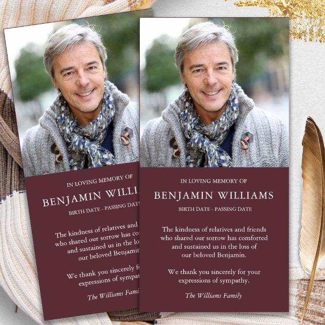 Sympathy Loss Photo Merlot Funeral Merci Cartes (funeral thank you cards, bereavement, elegant, simple, celebration of life, sympathy card)