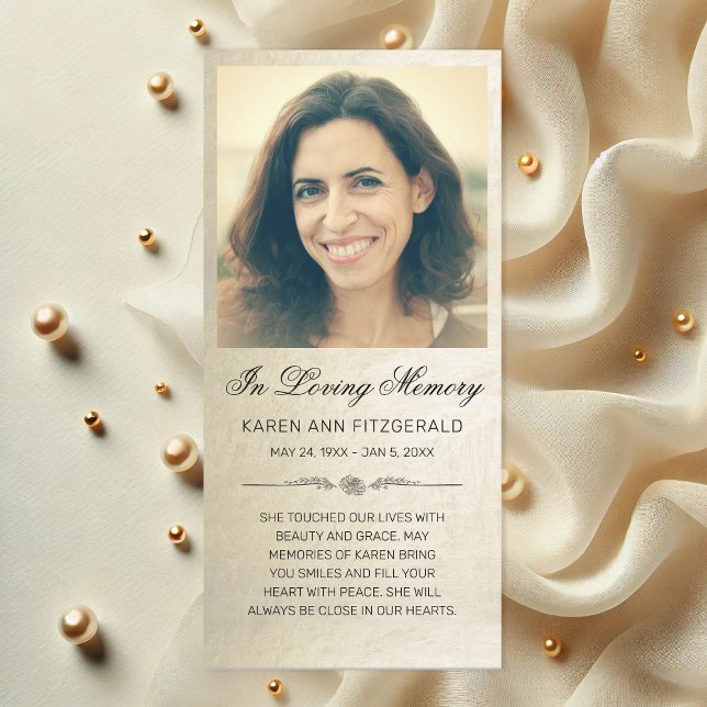 Sympathy Photo Élégant Script Gold Funeral Card (Chic Gold Shimmer Photo Funeral Card)