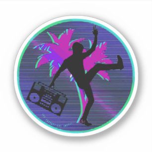 Synthwave neon Boombox autocollant rond 80s   logo