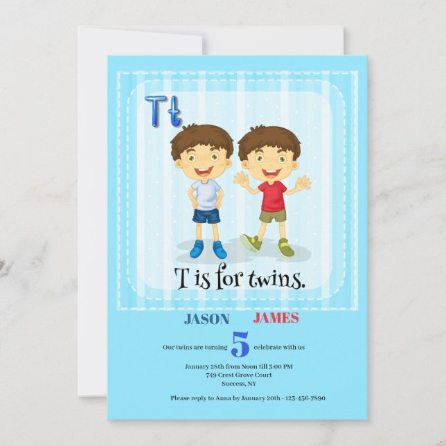 T est pour Twins Boys Invitation fête d'anniversai (Devant)