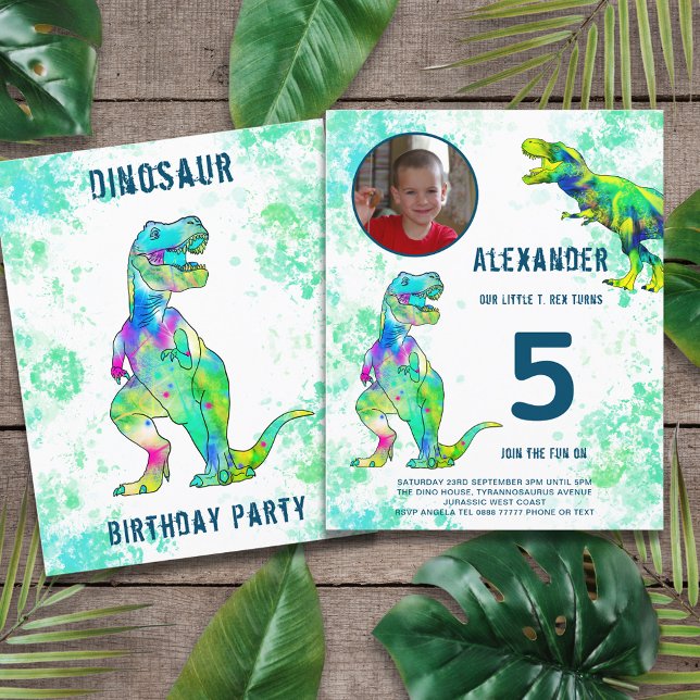 T-Rex 5e anniversaire Budget du parti (Dinosaur T-Rex jungle 5th birthday party budget invitation with photo template green)