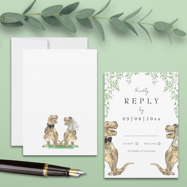 T-Rex Bride et Groom Dinosaur Mariage Réponse (Dinosaur theme wedding invitation rsvp enclosure card with eucalyptus watercolor botanicals)