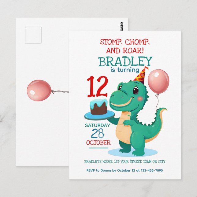 T Rex Dinosaur 12e Invitation de fête d'anniversai (Devant / Derrière)