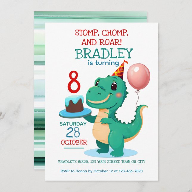 T Rex Dinosaur 8e Invitation de fête d'anniversair (Devant / Derrière)