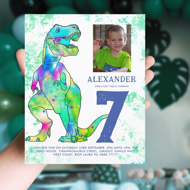 T-Rex Dinosaur Anniversaire Photo Budget (T-Rex dinosaur 7th birthday party budget invitation with photo template & colorful watercolor dino)
