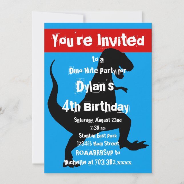T Rex Dinosaur Bleu Rouge Anniversaire Invitation (Devant)