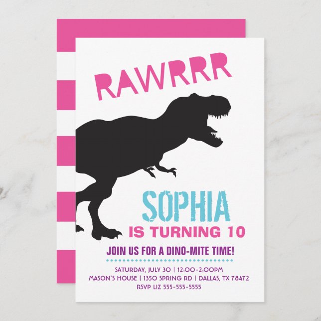 T Rex Dinosaur Fille Anniversaire Fête Invitation (Devant / Derrière)