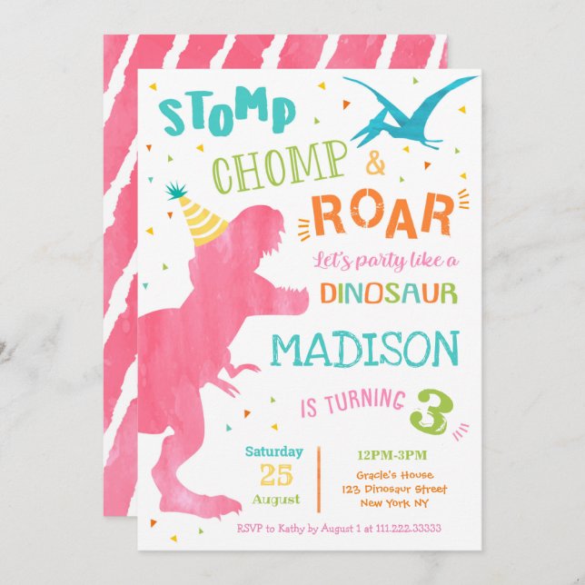 T Rex Dinosaur Fille Anniversaire Invitations (Devant / Derrière)
