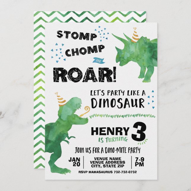 T Rex et Triceratops Dinosaur Invitation d'anniver (Devant / Derrière)