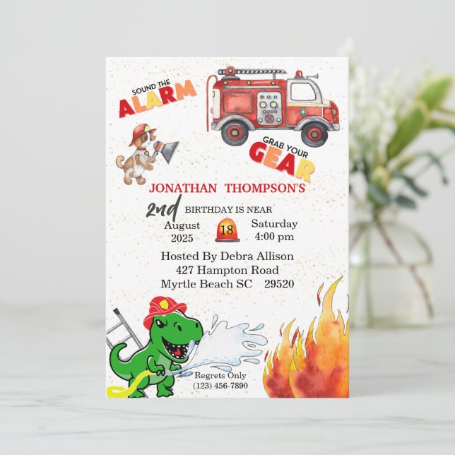 T Rex Firemans Invitation de fête du 2e anniversai (Debout devant)