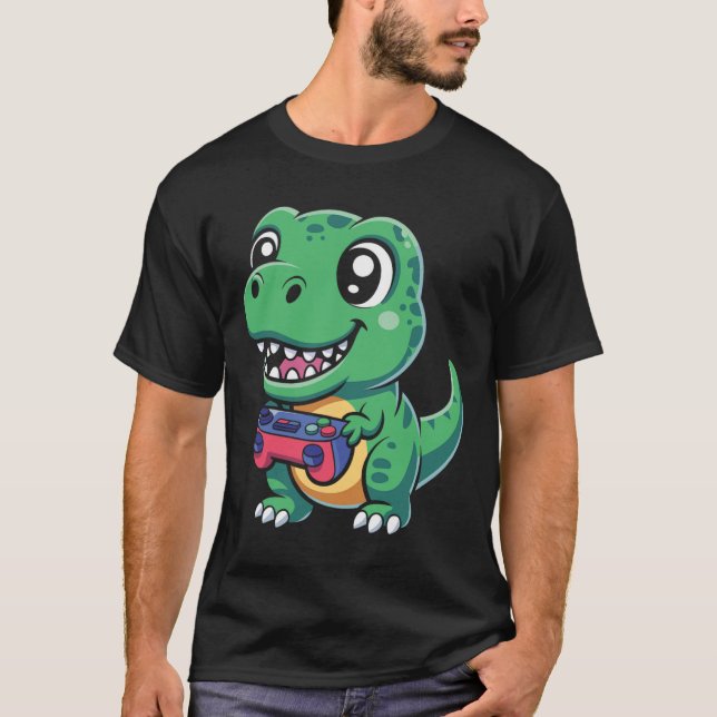 T-Rex heureux avec manette de jeu T-shirt de dino  (Devant)
