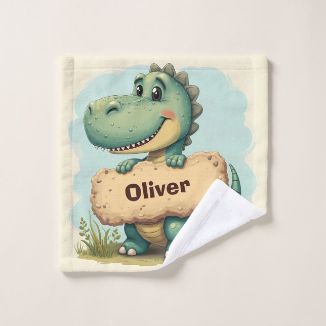 T-Rex joueur avec enseigne de nom en pierre (Gant de toilette)