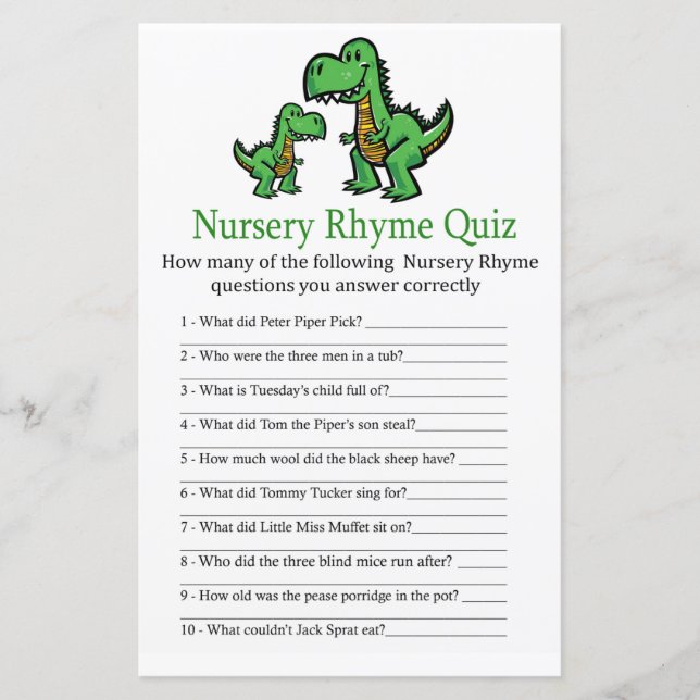 T-rex Nursery Rhyme Quiz jeu de baby shower (Devant)