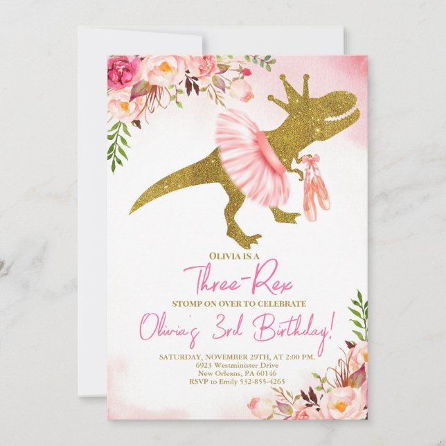 T-Rex Tutus Invitation Anniversaire, Tutus Rose No (Devant)