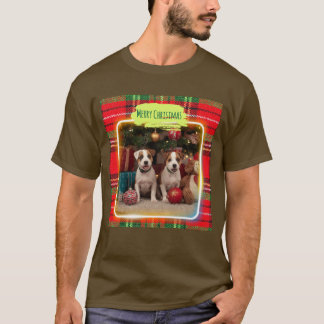 T-SHIRT チェック柄がかわいいジャックラッセルテリアの子犬たちとクリスマス♡ メンズ
