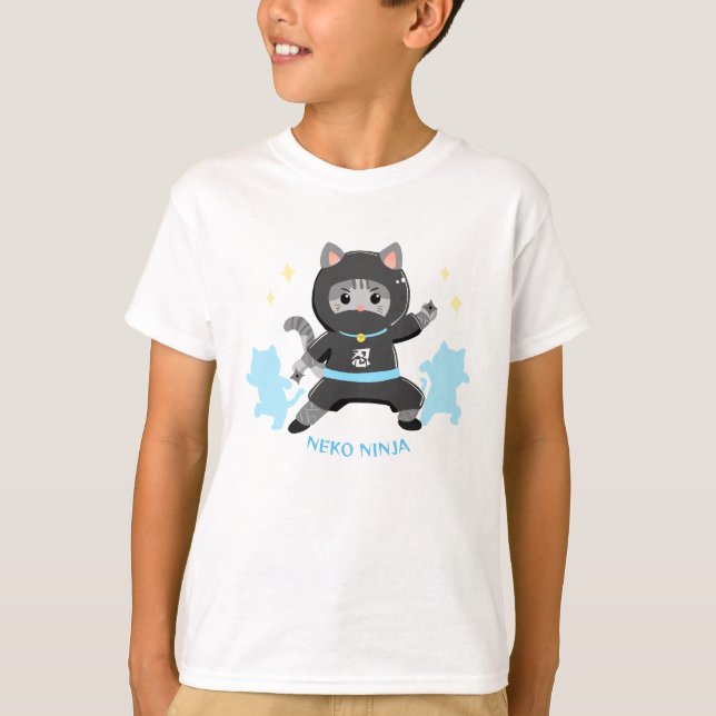 T-shirt 可愛い猫忍者 日本 ブルー Cat Ninja from Japan Blue (Devant)