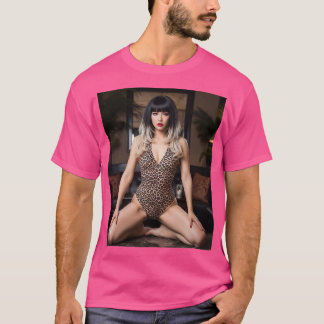 T-SHIRT 大胆なヒョウ柄水着でゴールドのメッシュワンポイントの似合う黒髪の女性