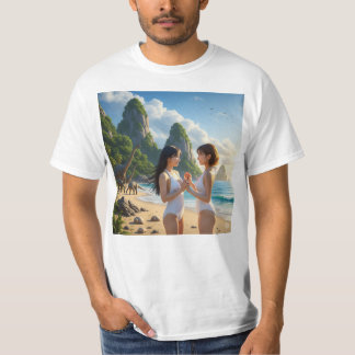 T-SHIRT 恋する日本人がジュラ紀の浜辺で白い水着美女二人組