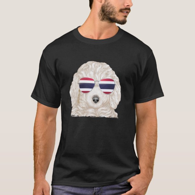 T-shirt 01 Lunettes de soleil Chien Caniche Blanc Drapeau  (Devant)