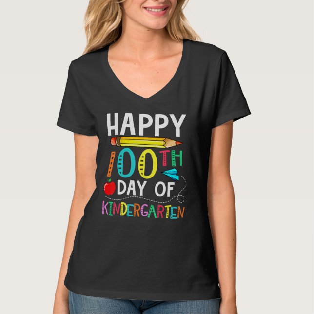 T-shirt 100 Days Of Kindergarten Happy 100th Day Of School (Devant)