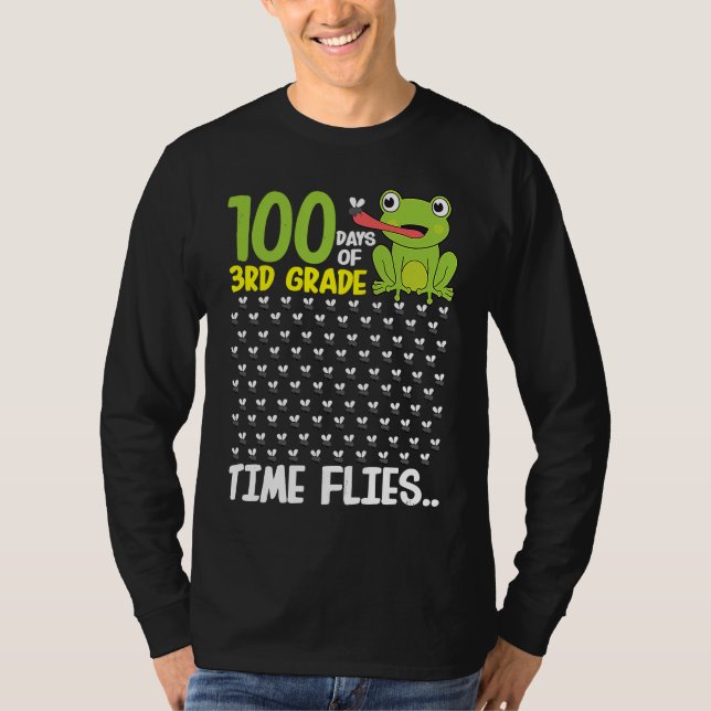 T-shirt 100 Days of School 3rd Grade Frog Time Flies Boys  (Devant)