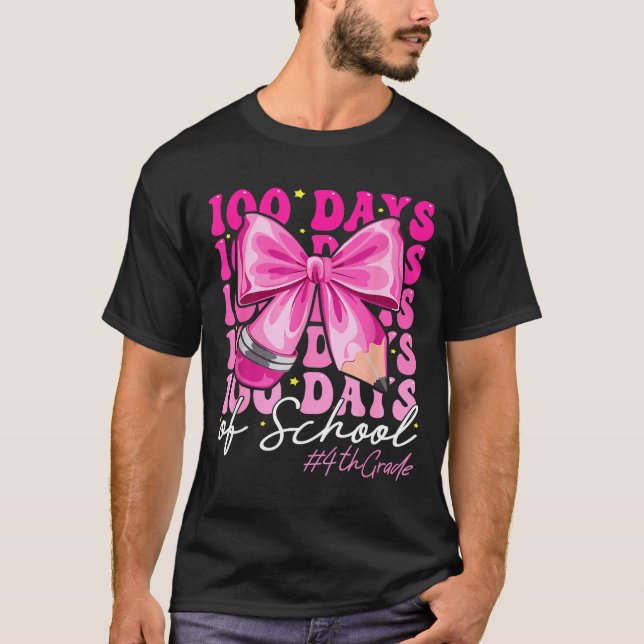 T-shirt 100 Days Of School 4th Grade Girls Coquette Bow  (Devant)